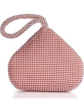👜Women's Rose Gold Beaded Triangle Evening Clutch Wristlet Purses Wedding Bag